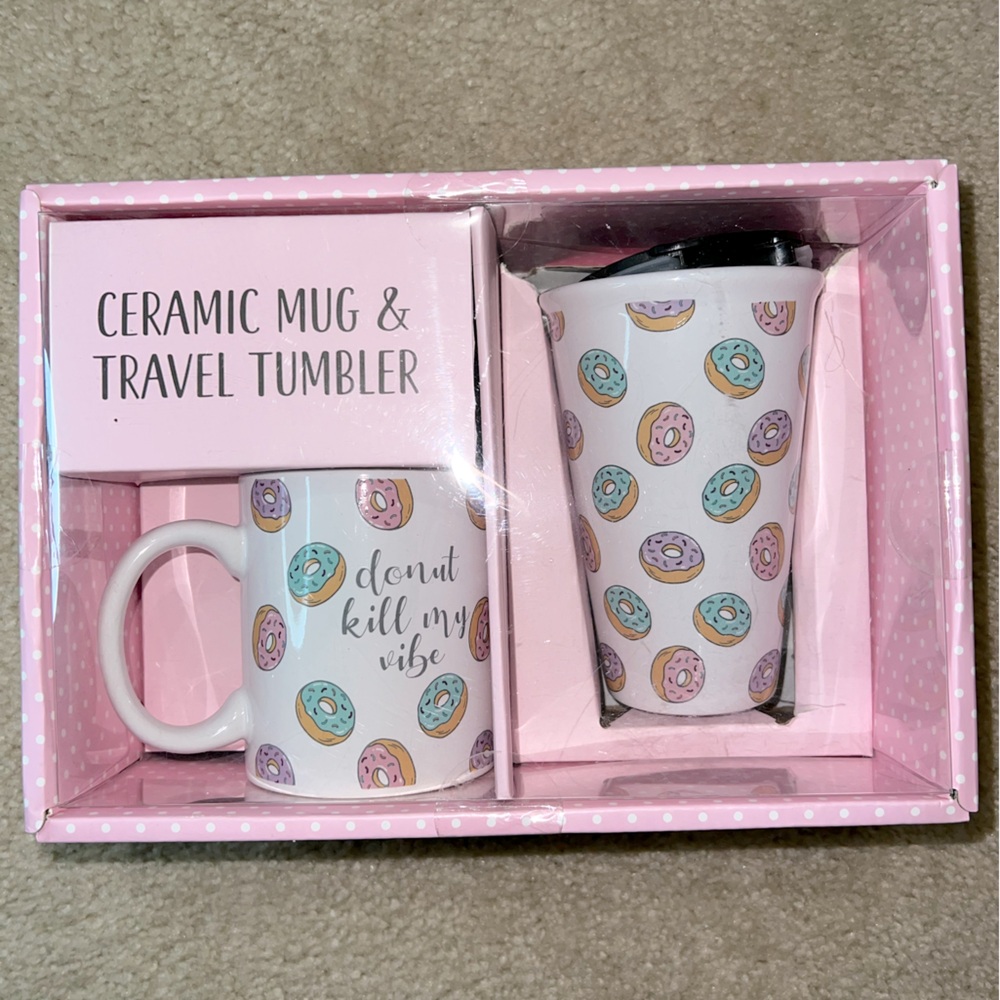 Donut Print Ceramic Mug and Travel Tumbler Set